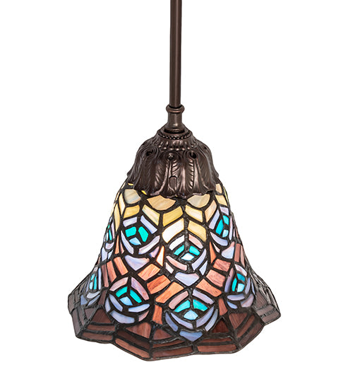Meyda Lighting Tiffany Peacock Feather 8" Mahogany Bronze Mini Pendant Light With Multi-Colored Stained Shade Glass
