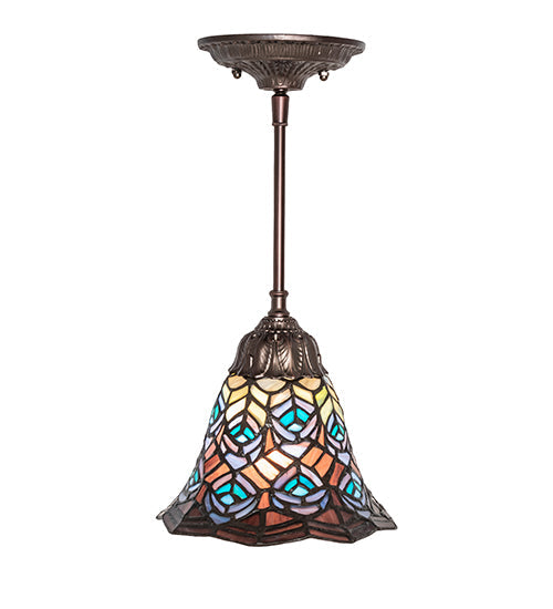 Meyda Lighting Tiffany Peacock Feather 8" Mahogany Bronze Mini Pendant Light With Multi-Colored Stained Shade Glass