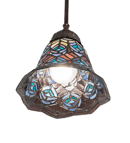 Meyda Lighting Tiffany Peacock Feather 8" Mahogany Bronze Mini Pendant Light With Multi-Colored Stained Shade Glass