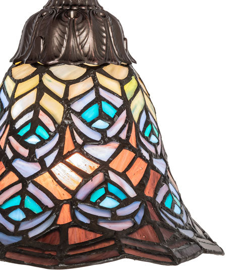 Meyda Lighting Tiffany Peacock Feather 8" Mahogany Bronze Mini Pendant Light With Multi-Colored Stained Shade Glass