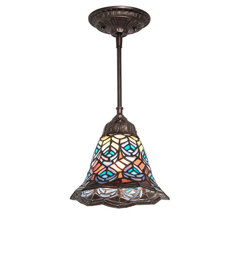 Meyda Lighting Tiffany Peacock Feather 8" Mahogany Bronze Mini Pendant Light With Multi-Colored Stained Shade Glass