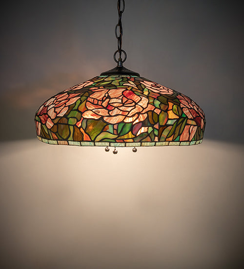 Meyda Lighting Tiffany Peony 17" 3-Light Mahogany Bronze Pendant Light With Multi-Colored Shade Glass