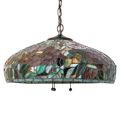 Meyda Lighting Tiffany Peony 17" 3-Light Mahogany Bronze Pendant Light With Multi-Colored Shade Glass