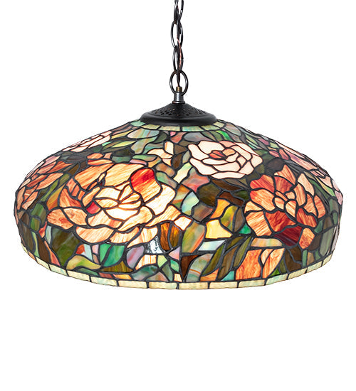 Meyda Lighting Tiffany Peony 17" 3-Light Mahogany Bronze Pendant Light With Multi-Colored Shade Glass