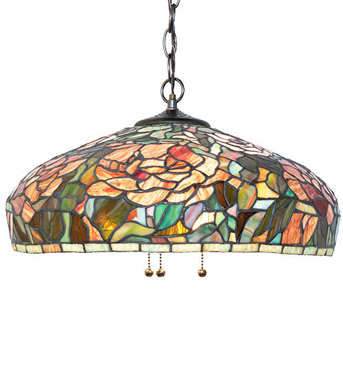 Meyda Lighting Tiffany Peony 17" 3-Light Mahogany Bronze Pendant Light With Multi-Colored Shade Glass
