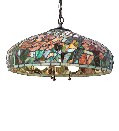 Meyda Lighting Tiffany Peony 17" 3-Light Mahogany Bronze Pendant Light With Multi-Colored Shade Glass