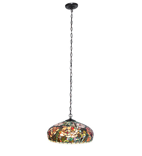 Meyda Lighting Tiffany Peony 17" 3-Light Mahogany Bronze Pendant Light With Multi-Colored Shade Glass