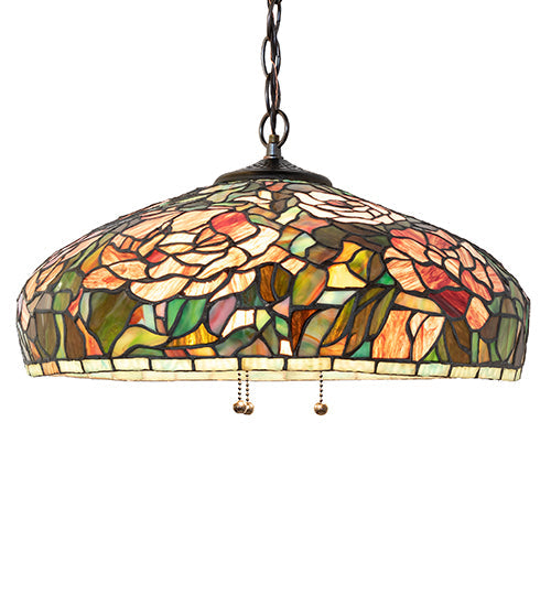 Meyda Lighting Tiffany Peony 17" 3-Light Mahogany Bronze Pendant Light With Multi-Colored Shade Glass