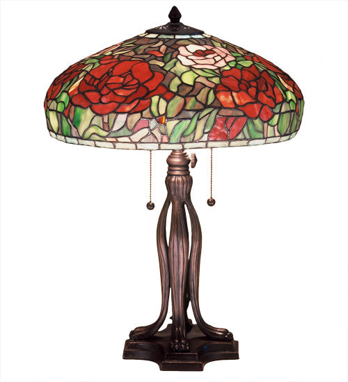 Meyda Lighting Tiffany Peony 24" 2-Light Mahogany Bronze Table Lamp With Multi-Colored Stained Shade Glass