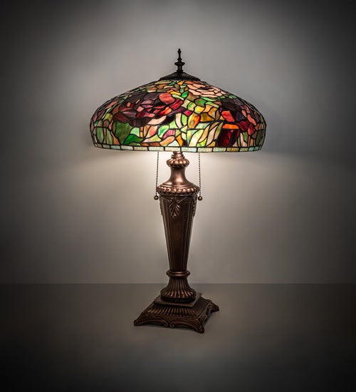 Meyda Lighting Tiffany Peony 26" 2-Light Mahogany Bronze Table Lamp With Multi-Colored Stained Shade Glass