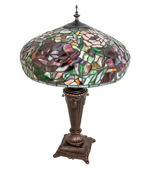 Meyda Lighting Tiffany Peony 26" 2-Light Mahogany Bronze Table Lamp With Multi-Colored Stained Shade Glass