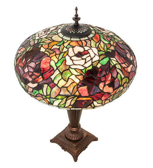 Meyda Lighting Tiffany Peony 26" 2-Light Mahogany Bronze Table Lamp With Multi-Colored Stained Shade Glass