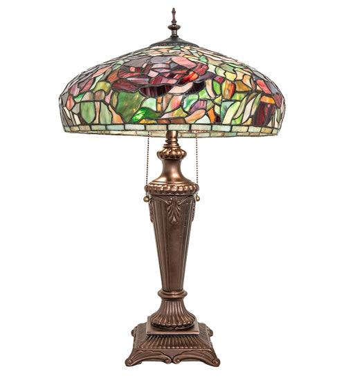 Meyda Lighting Tiffany Peony 26" 2-Light Mahogany Bronze Table Lamp With Multi-Colored Stained Shade Glass