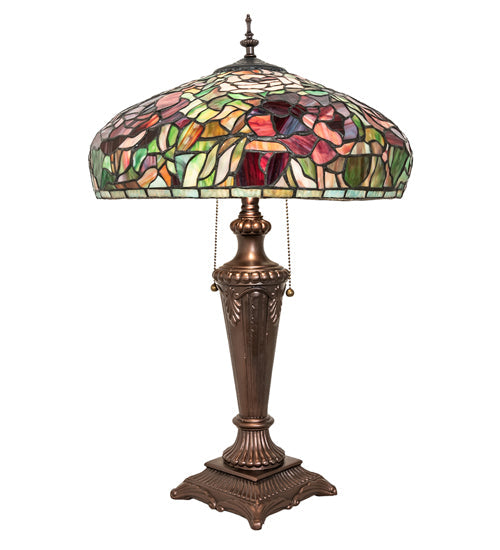 Meyda Lighting Tiffany Peony 26" 2-Light Mahogany Bronze Table Lamp With Multi-Colored Stained Shade Glass