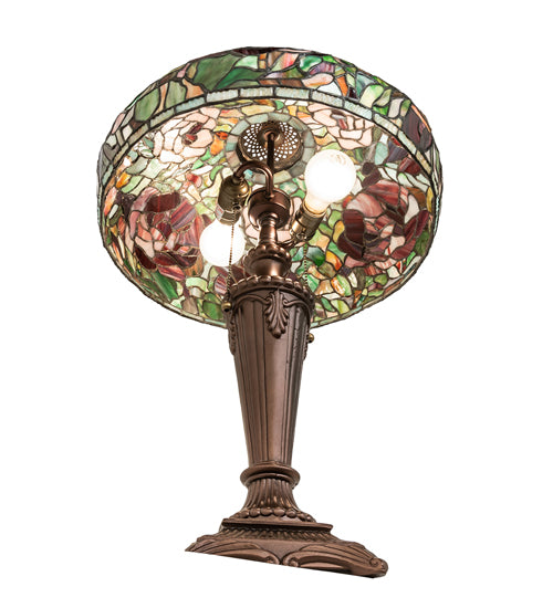 Meyda Lighting Tiffany Peony 26" 2-Light Mahogany Bronze Table Lamp With Multi-Colored Stained Shade Glass