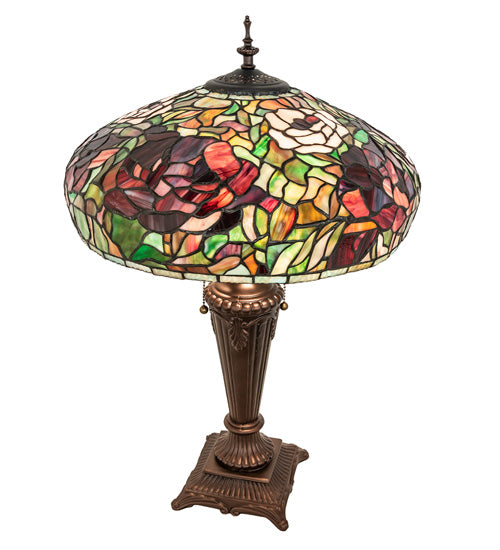 Meyda Lighting Tiffany Peony 26" 2-Light Mahogany Bronze Table Lamp With Multi-Colored Stained Shade Glass