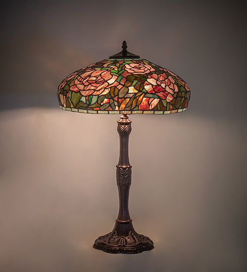 Meyda Lighting Tiffany Peony 26" 3-Light Mahogany Bronze Table Lamp With Multi-Colored Stained Shade Glass