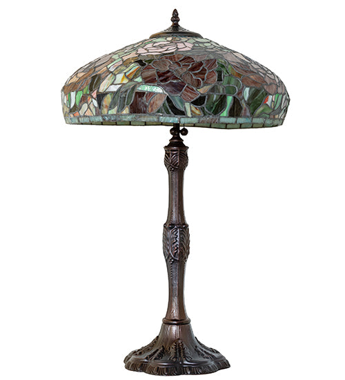 Meyda Lighting Tiffany Peony 26" 3-Light Mahogany Bronze Table Lamp With Multi-Colored Stained Shade Glass