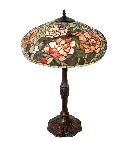 Meyda Lighting Tiffany Peony 26" 3-Light Mahogany Bronze Table Lamp With Multi-Colored Stained Shade Glass