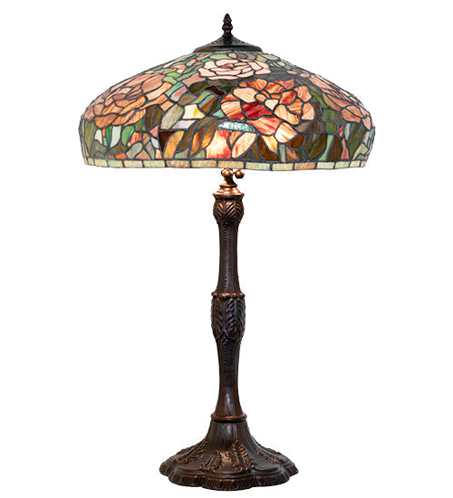 Meyda Lighting Tiffany Peony 26" 3-Light Mahogany Bronze Table Lamp With Multi-Colored Stained Shade Glass