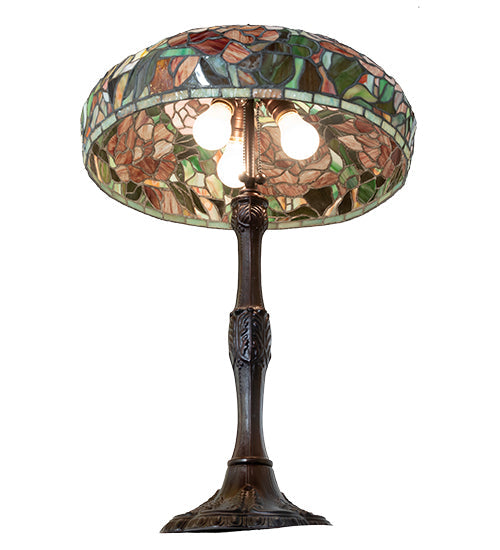 Meyda Lighting Tiffany Peony 26" 3-Light Mahogany Bronze Table Lamp With Multi-Colored Stained Shade Glass