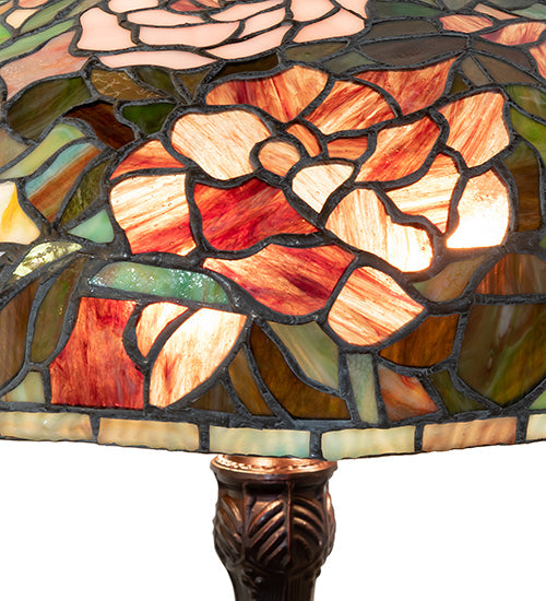 Meyda Lighting Tiffany Peony 26" 3-Light Mahogany Bronze Table Lamp With Multi-Colored Stained Shade Glass