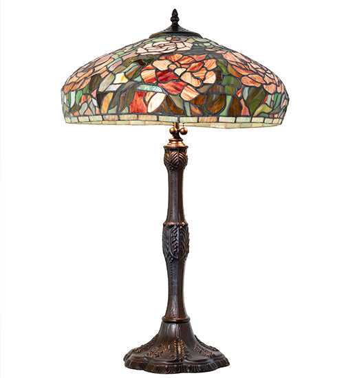 Meyda Lighting Tiffany Peony 26" 3-Light Mahogany Bronze Table Lamp With Multi-Colored Stained Shade Glass