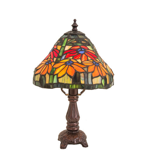 Meyda Lighting Tiffany Poinsettia 13" Mahogany Bronze Mini Table Lamp With Multi-Colored Shade Glass