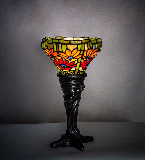 Meyda Lighting Tiffany Poinsettia 15" Mahogany Bronze Mini Table Lamp With Multi-Colored Shade Glass