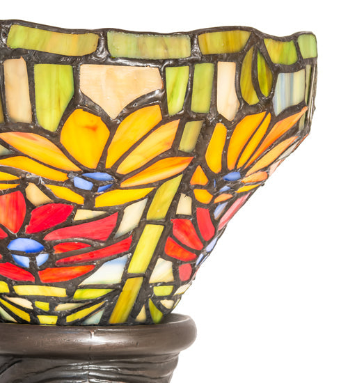 Meyda Lighting Tiffany Poinsettia 15" Mahogany Bronze Mini Table Lamp With Multi-Colored Shade Glass