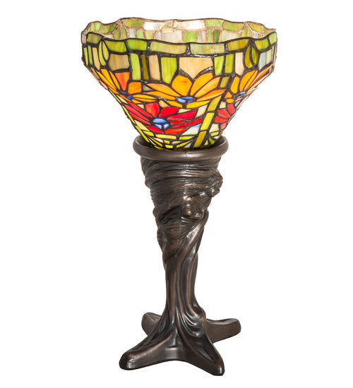 Meyda Lighting Tiffany Poinsettia 15" Mahogany Bronze Mini Table Lamp With Multi-Colored Shade Glass