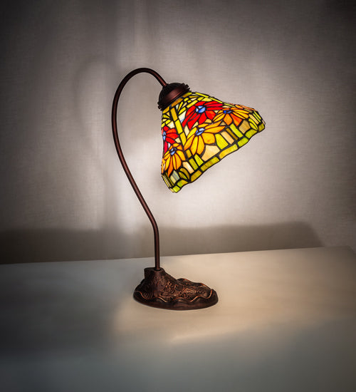Meyda Lighting Tiffany Poinsettia 18" Mahogany Bronze Desk Table Lamp With Multi-Colored Shade Glass