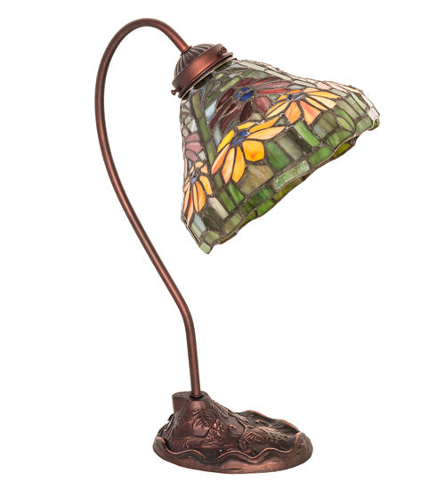Meyda Lighting Tiffany Poinsettia 18" Mahogany Bronze Desk Table Lamp With Multi-Colored Shade Glass