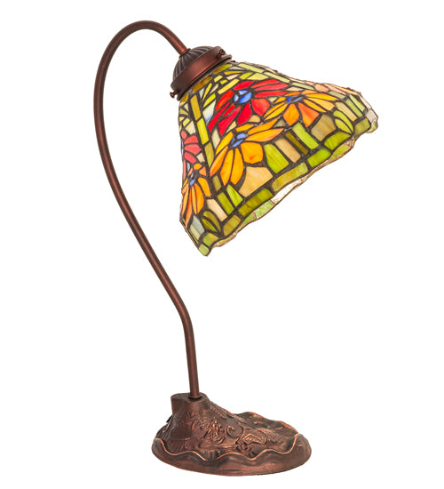 Meyda Lighting Tiffany Poinsettia 18" Mahogany Bronze Desk Table Lamp With Multi-Colored Shade Glass