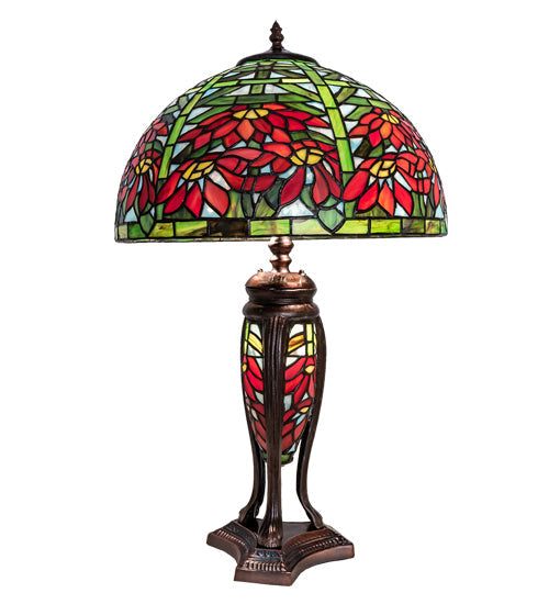 Meyda Lighting Tiffany Poinsettia 25" Mahogany Bronze Table Lamp With Multi-Colored Shade Glass and Lighted Base