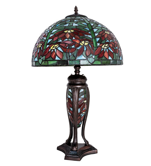 Meyda Lighting Tiffany Poinsettia 25" Mahogany Bronze Table Lamp With Multi-Colored Shade Glass and Lighted Base