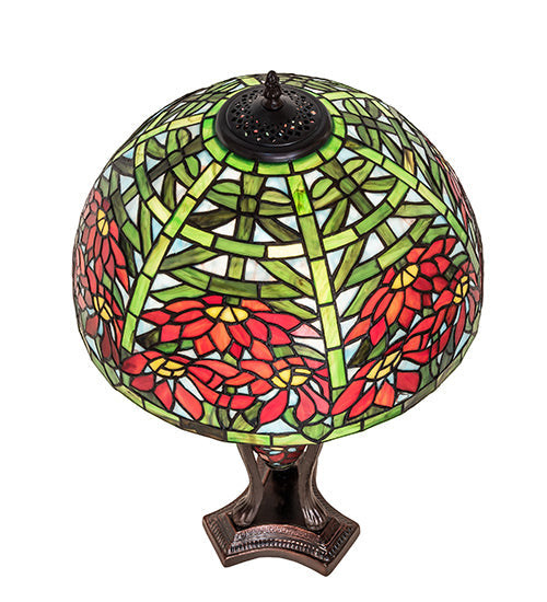 Meyda Lighting Tiffany Poinsettia 25" Mahogany Bronze Table Lamp With Multi-Colored Shade Glass and Lighted Base