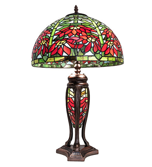 Meyda Lighting Tiffany Poinsettia 25" Mahogany Bronze Table Lamp With Multi-Colored Shade Glass and Lighted Base