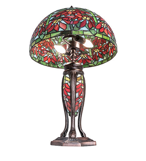 Meyda Lighting Tiffany Poinsettia 25" Mahogany Bronze Table Lamp With Multi-Colored Shade Glass and Lighted Base