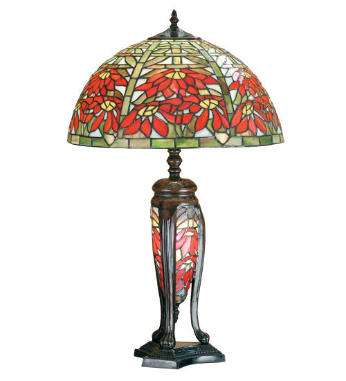 Meyda Lighting Tiffany Poinsettia 25" Mahogany Bronze Table Lamp With Multi-Colored Shade Glass and Lighted Base