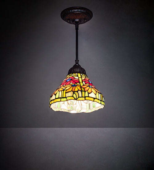 Meyda Lighting Tiffany Poinsettia 8" Mahogany Bronze Mini Pendant Light With Multi-Colored Shade Glass