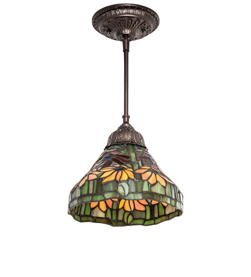 Meyda Lighting Tiffany Poinsettia 8" Mahogany Bronze Mini Pendant Light With Multi-Colored Shade Glass