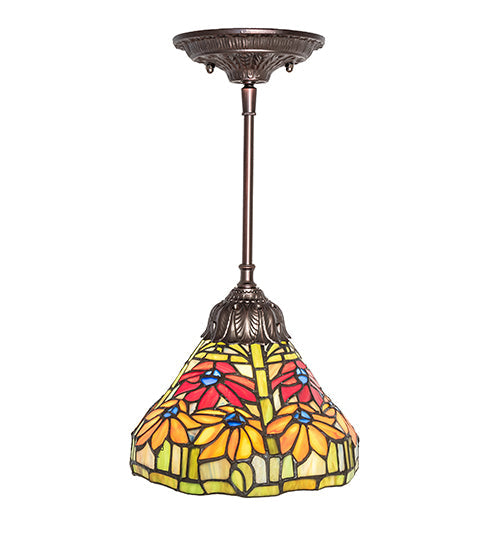 Meyda Lighting Tiffany Poinsettia 8" Mahogany Bronze Mini Pendant Light With Multi-Colored Shade Glass