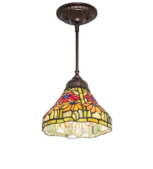 Meyda Lighting Tiffany Poinsettia 8" Mahogany Bronze Mini Pendant Light With Multi-Colored Shade Glass