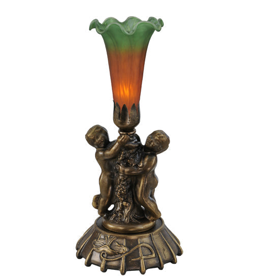 Meyda Lighting Tiffany Pond Lily 12" Mahogany Bronze Twin Cherub Mini Table Lamp With Amber & Green Shade Glass