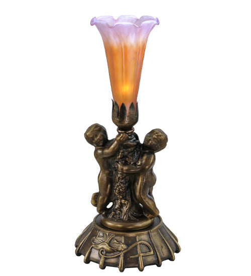 Meyda Lighting Tiffany Pond Lily 12" Mahogany Bronze Twin Cherub Mini Table Lamp With Amber & Purple Shade Glass