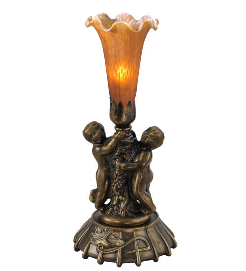 Meyda Lighting Tiffany Pond Lily 12" Mahogany Bronze Twin Cherub Mini Table Lamp With Amber Shade Glass