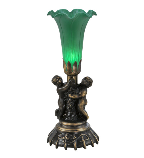 Meyda Lighting Tiffany Pond Lily 12" Mahogany Bronze Twin Cherub Mini Table Lamp With Green Shade Glass