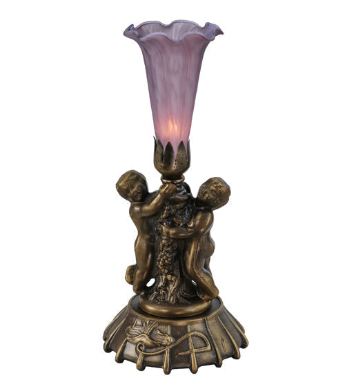 Meyda Lighting Tiffany Pond Lily 12" Mahogany Bronze Twin Cherub Mini Table Lamp With Lavender Shade Glass