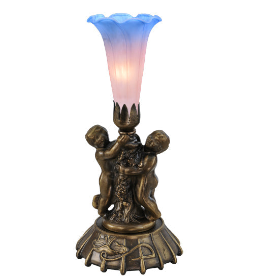 Meyda Lighting Tiffany Pond Lily 12" Mahogany Bronze Twin Cherub Mini Table Lamp With Pink & Blue Shade Glass